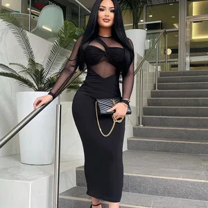 Ladies Dresses 2024 Elegant Women Clothing Bodycon Dress Party O Neck Mesh Panel Long Sleeve Midi Dress