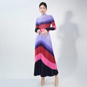 High Quality Women's Casual Striped Stretch Top and Pleated Skirt Elegant Two-Piece Set for Autumn Made of Polyester Fabric