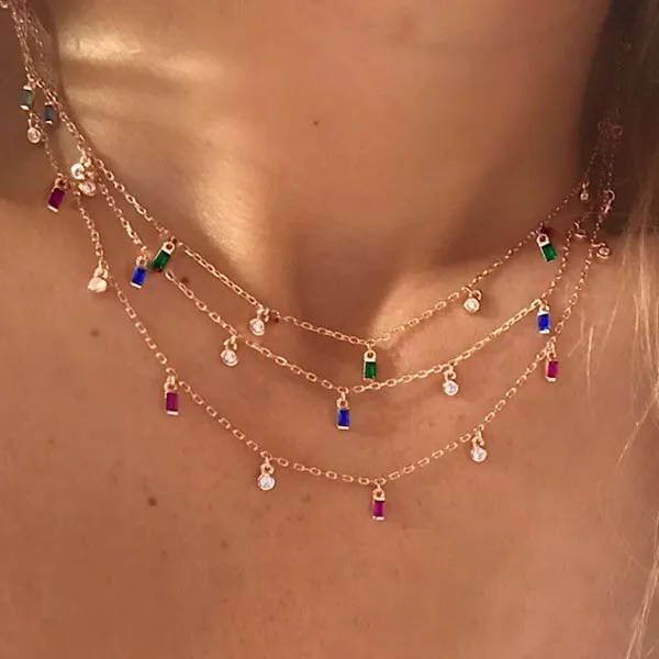 2023  Colorful Rectangle Cubic Zirconia Cz Drop Charm Multi Layer Women Elegant Summer Necklace