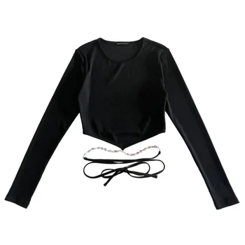 Fashion Stretch Rib Knitted Long Sleeve Women's T-shirt Beaded Waist Strap Design Crop Top for women