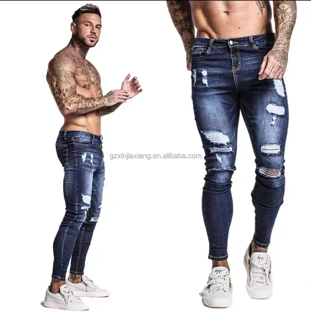 Men Ripped Skinny Biker Jeans Destroyed Hole Taped Slim Fit Denim Scratched High Quality Jean