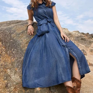 2026 Summer New Fanny Pack Lace-up Denim Long Dress With Waist Temperament Sleeveless Plus Size Dresses 4xl 5xl 6xl 7xl