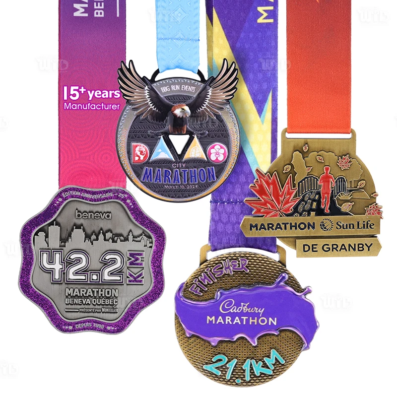 Medalha de Maratona Personalizada de Fábrica com Fitas, Medalha Personalizada de Corrida Esportiva, Medalha Metálica de Alta Qualidade com Esmalte 3D