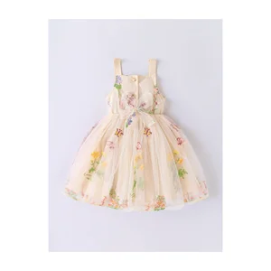 New Girl Sling Dress Floral Print Princess Dress with Bow Lace for Kids Sweet Baby Party Dress Made of Mesh for Summer Season