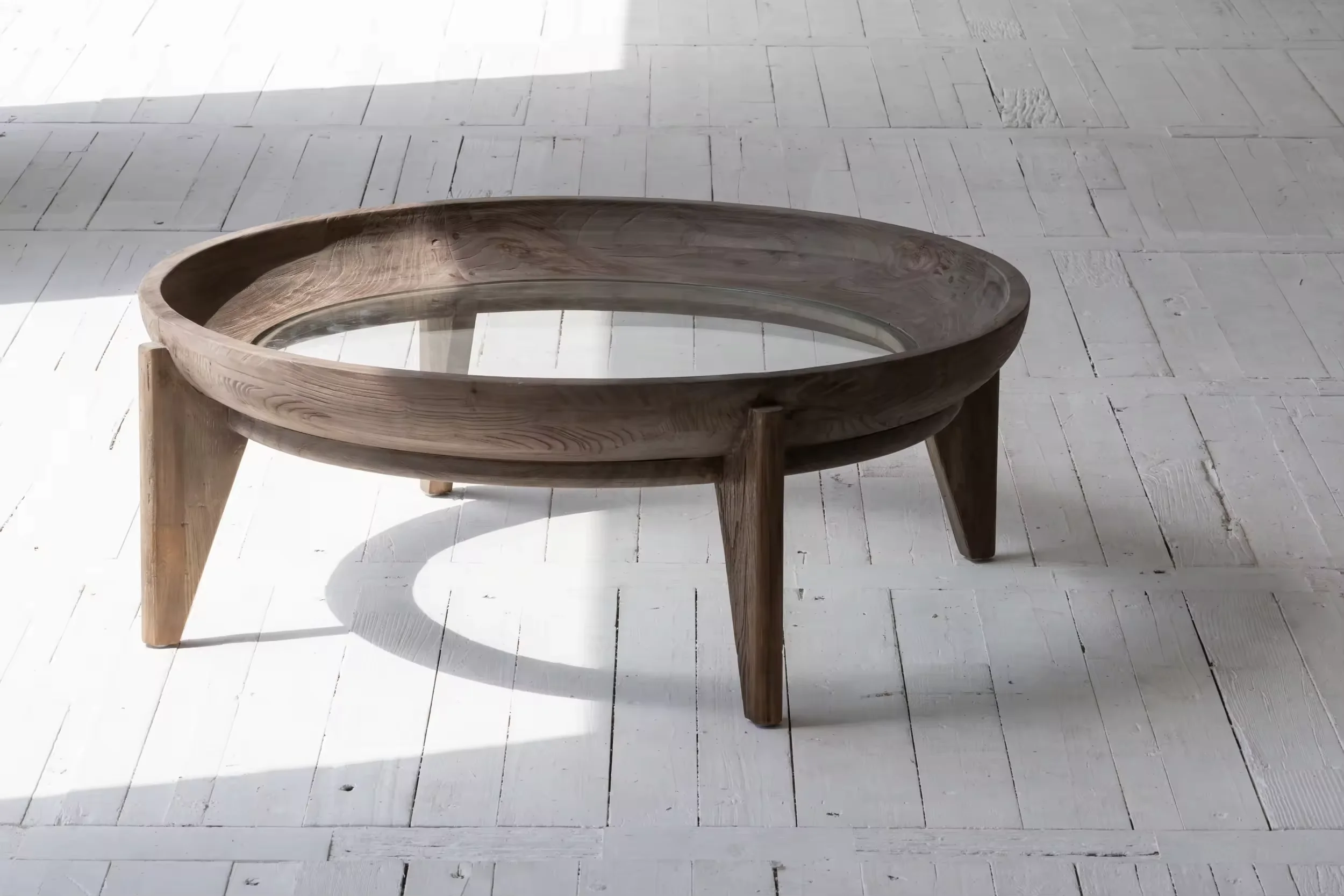 Coffee Wooden Table Center Table Made of Reclaimed Elm Wood and 8mm Tempered Glass Deluxe Round Wooden Living Room Coffee Table