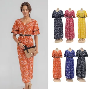 Wholesale Summer New Feather Print V-neck Short Sleeve Casual Belt Fashion Loose Dress