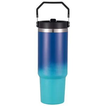 30oz Flip Straw Tumbler Handle Blank Sublimation Vacuum Insulated Iced Coffee Soda Sports Water Bottle Heat Press Gym Outdoor