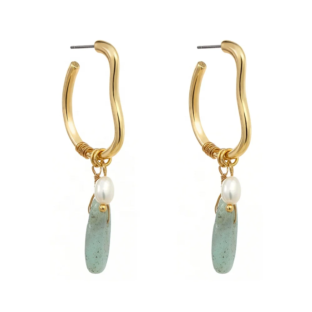Genuine Natural Gemstone Drop hoop  Earrings 18K Yellow Gold Plated Wire Wrap pearl drop natural stone Hoop earrings Jewelry