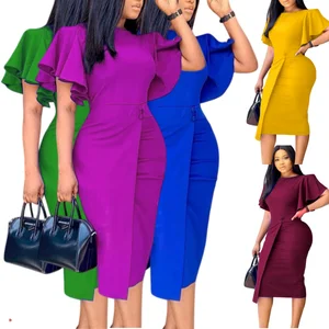 D3167 Trendy O-neck Puff Sleeve High Waist Big Swing A-line Prom Dresses Women Lady Elegant Casual Women Plus Size Dress