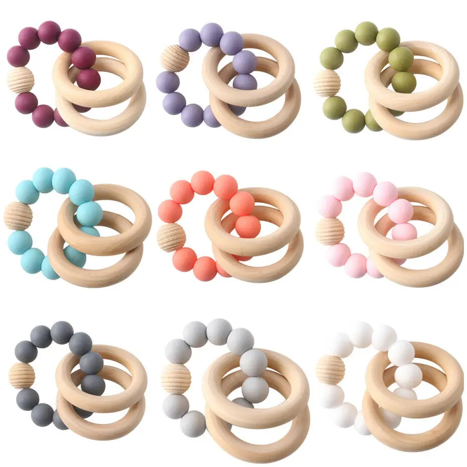 Natural Wooden Ring Silicone Beads Teether Rattle Baby Teething Bracelet Jewelry 