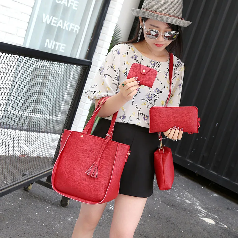 Fashion New Style Solid Color Bag Large Capacity Women's Rivet Four ...