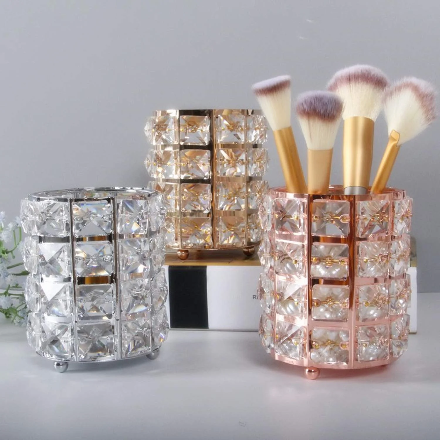 Crystal Makeup Brush Holder Organizer, Handcrafted Cosmetics Brushes Cup  Storage Solution (Silver/Gold)