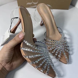 QuiteS New Stiletto High Heels New Style Summer Sexy Party Luxury Pointed Toe Sandals Slingback Shining Rhinestone Fancy Sandal