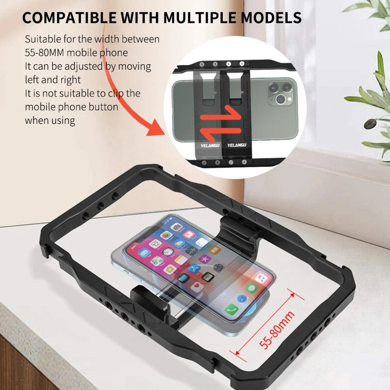 Universal Phone Video Rig Cage with Handles & Power Bank Clip Aluminum Alloy Handheld Phone Video Grip for iPhone and Android
