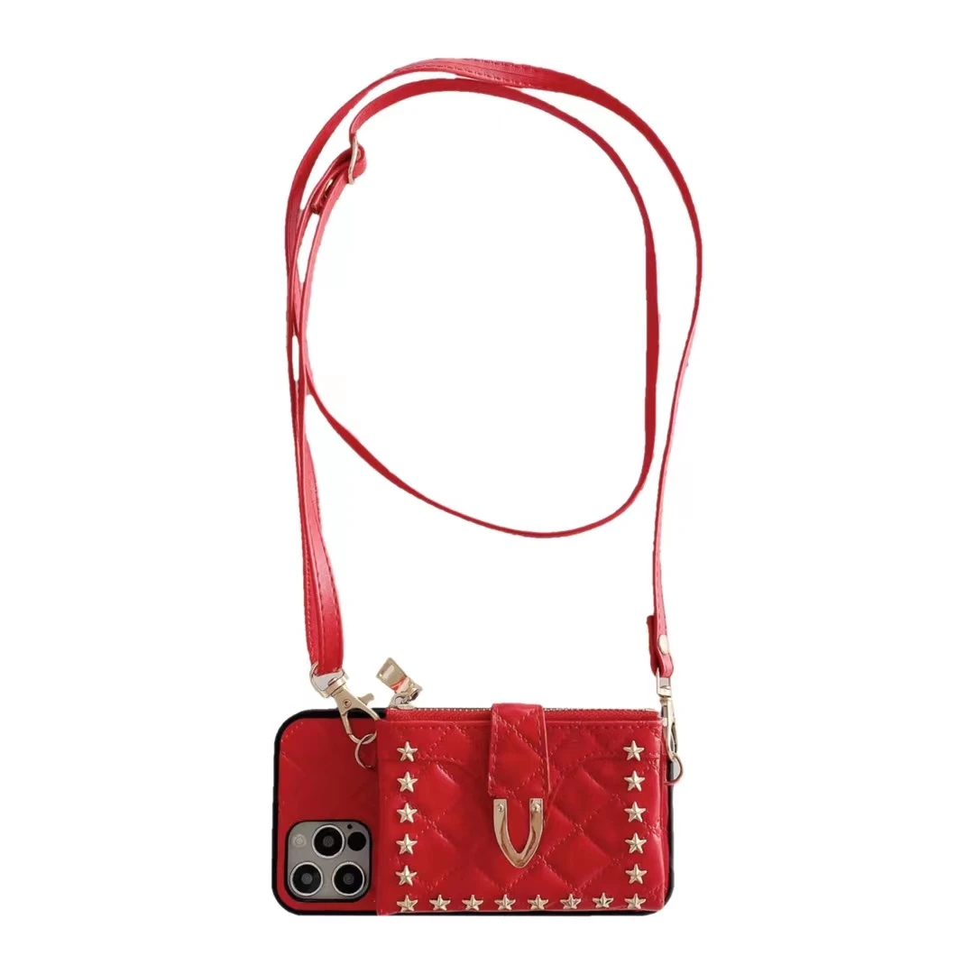 Casing Dompet Selempang Paku Keling untuk iPhone 12 Pro X XR XS Max  Plus Tas Selempang Kulit Tas Bahu Tas Kartu Lanyard