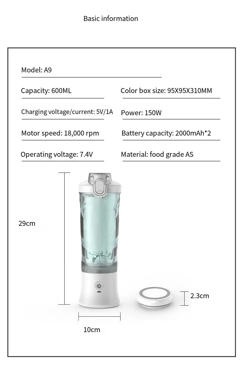 600ml Typec 4000mah Rechargeable Juice Portable Juicer Blender