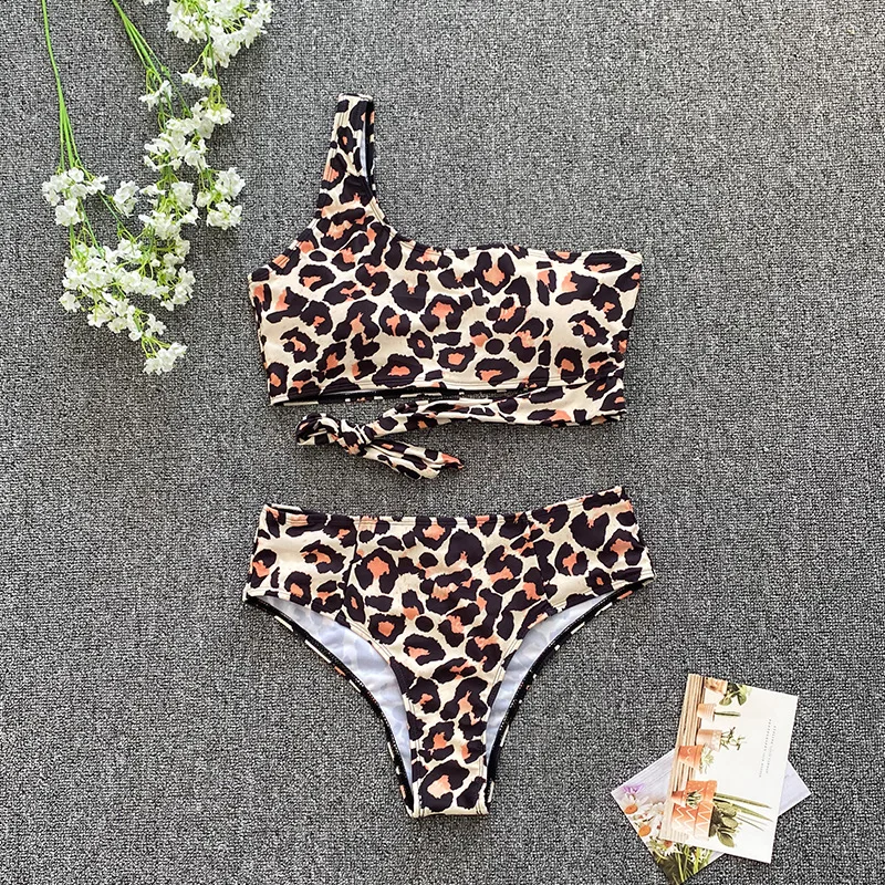 2022 STOCK 8Colors XXL Swimwear One Shoulder Ties Sexi Woman High Waist Plus Size Bikini Swimsuit