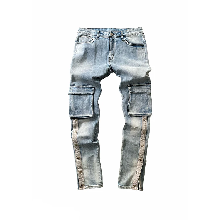 Custom Wholesale Factory Direct Men's Casual Fashion Vintage Single Item Foot Slit Pocket Washed Slim Skinny Jeans