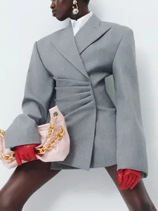 Women's Waist Cinched Ruched Blazer Dress Elegant Office Grey Suit Dress OEM ODM Manufacturer  Custom Made