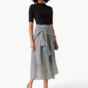 Factory Hot Sale Custom High Quality Patchwork Floral Printed Tie Belt Font Waist Satin Twill  Pleated Midi Dress