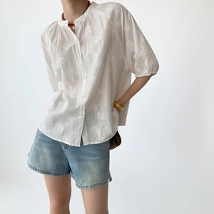Women's White Embroidered Short-sleeve Stand-collar Linen Shirt