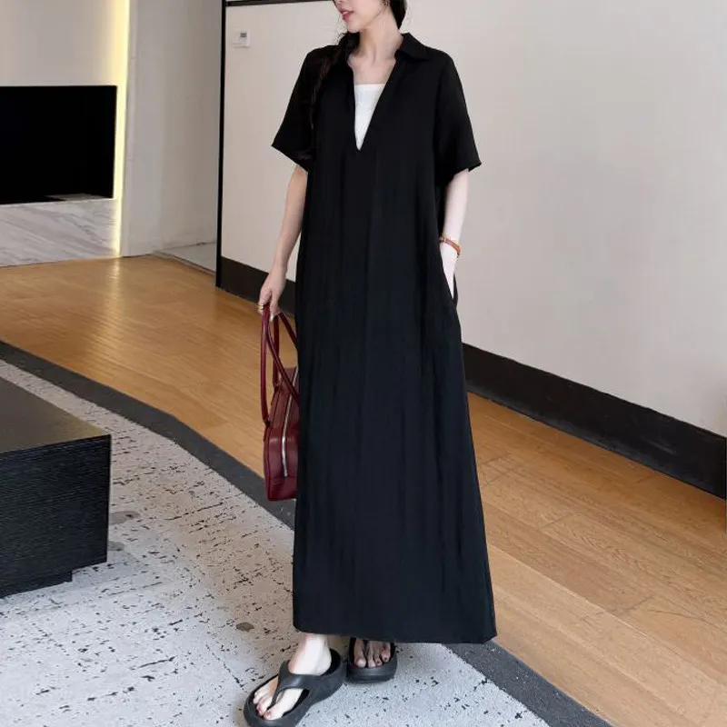 Modest Streetwear Maxi Dress Plus Size Short Sleeve Long Tee Shirts Casual  Girls Summer Split Linen Cotton T Shirt Dresses Women
