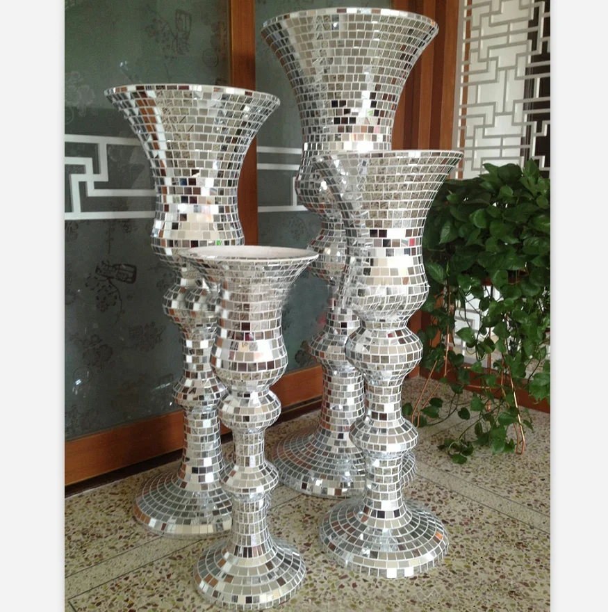 New Design Wholesale Wedding Tall Floor Standing Silver Mirrored Mosaic Decorative Vase Contemporary
