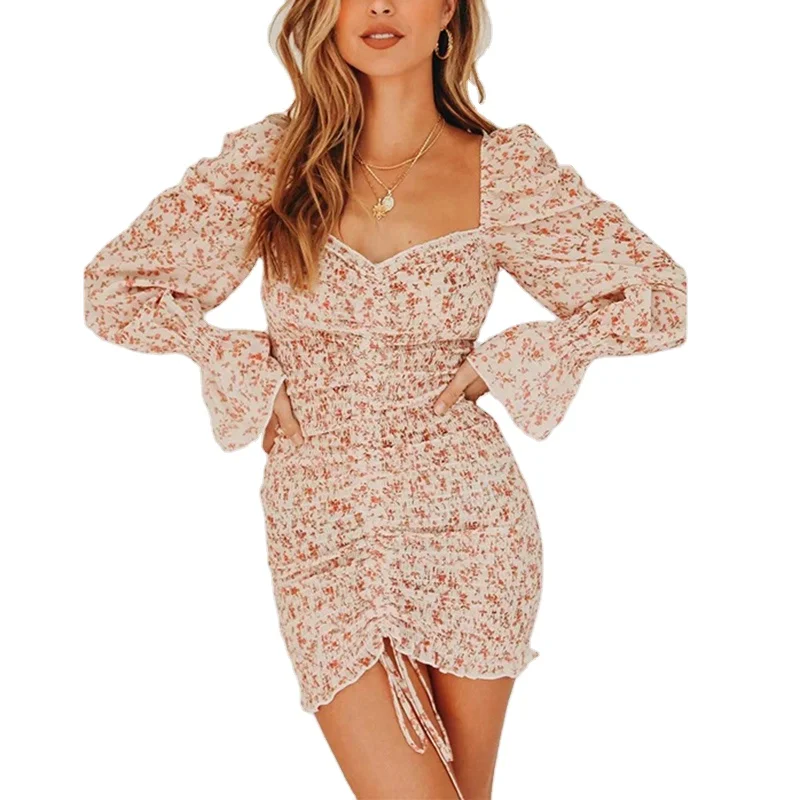 Vestido corto manga larga falda con volado y cinturón estampado cuello  alto. Tallas: S, M, L, XL, XXL, XXXL – Catálogo en Línea