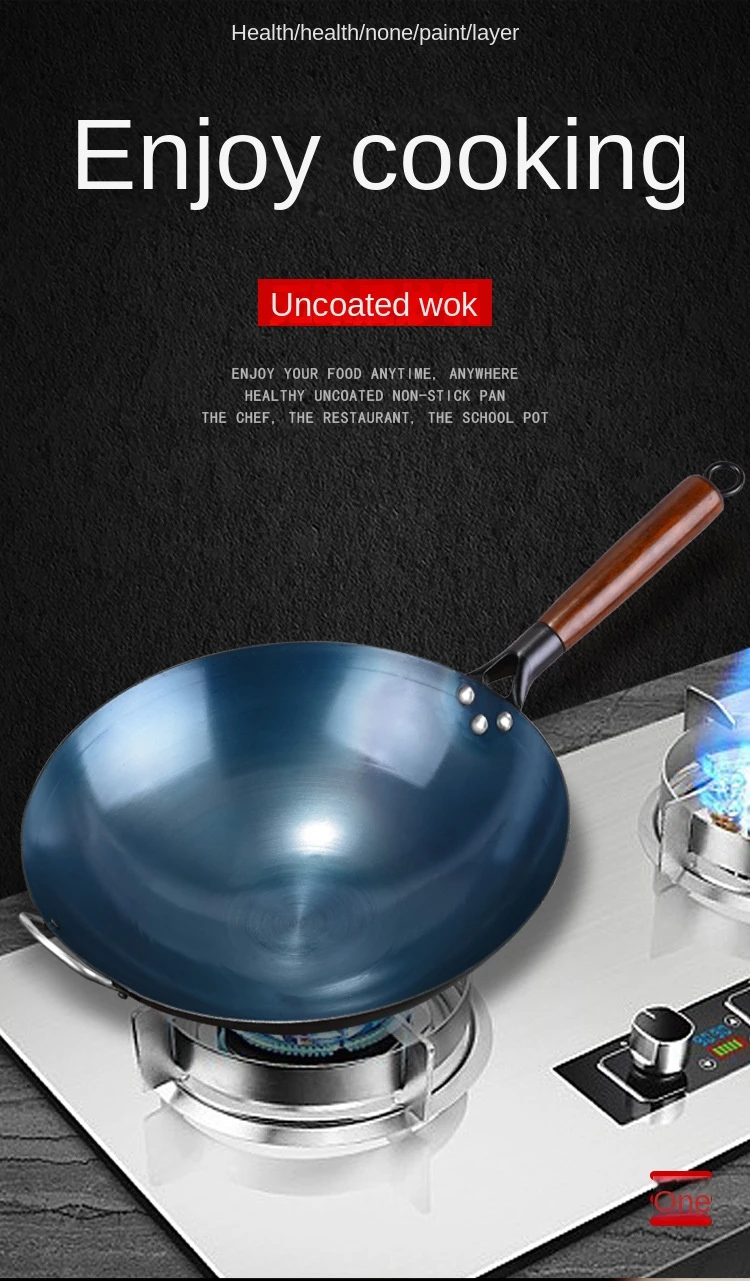 High Quality Pre Seasoned Carbon Steel Handle Hammered Chinese Wok Pan With Round Bottom