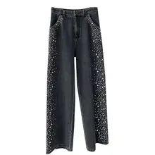 Manufacturer Winter Crystal Women's Jeans Vintage Slim Straight Baggy Jean Women's Pants Sparking Rhinestones Jeans Women