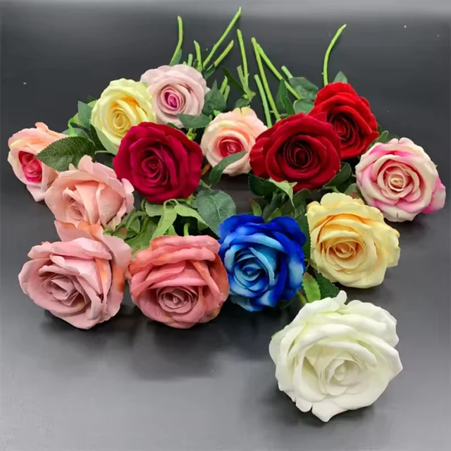 Multi Color Artificial Roses Flower Artificial Decor Flower Faux Velvet Rose For Wedding Decoration