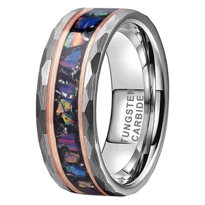 Coolstyle Jewelry 8mm Hammered Tungsten Ring for Men Women Real Meteorite Chip & Opal Inlay Fashion Engagement Wedding Band