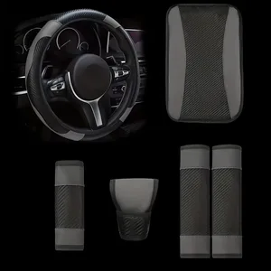 6PC PU Leather Luxury Steering Wheel Cover Safety Shoulder Cover Armrest Pad Handbrake Sleeve for Car Interior Accessories