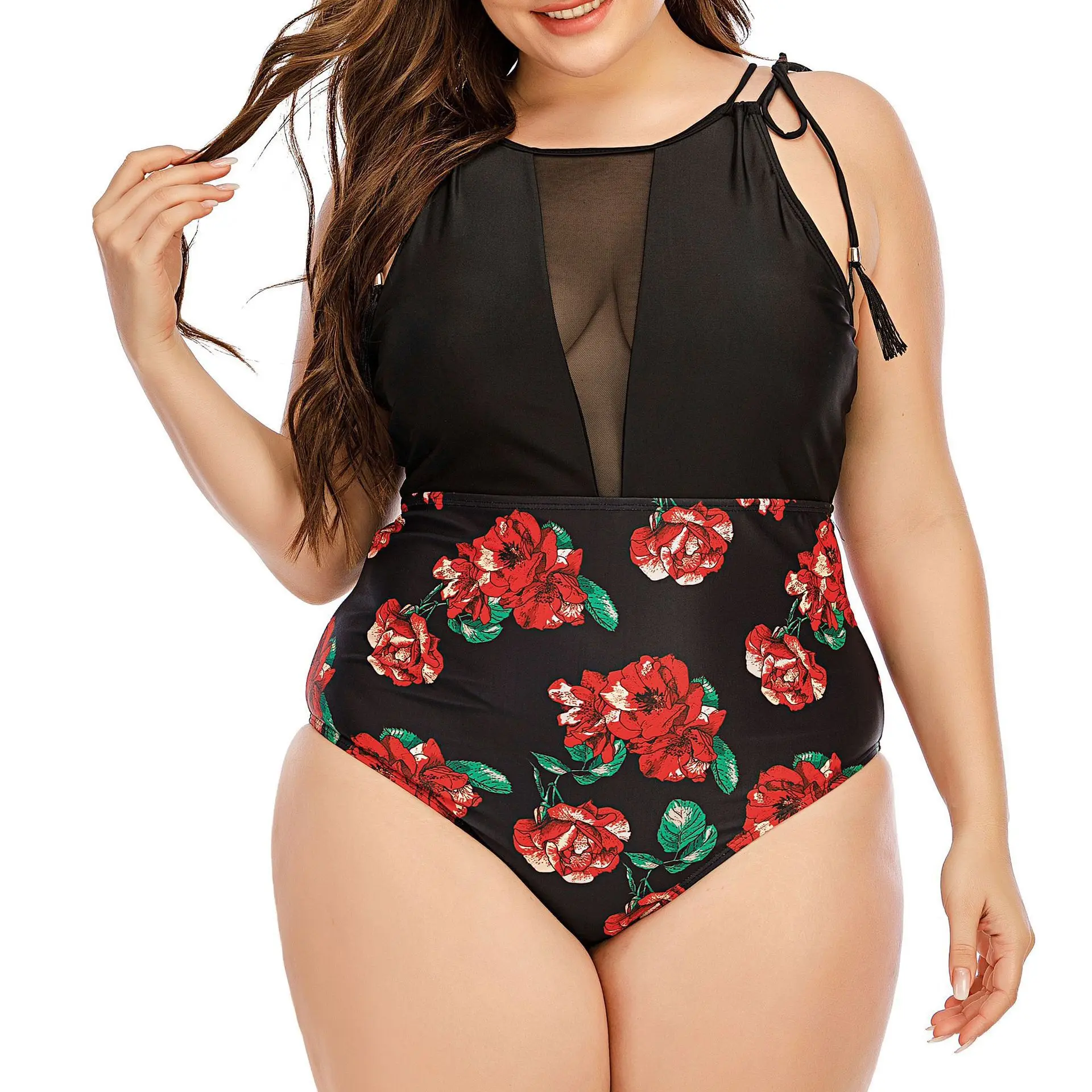 Bikinis de malla con estampado de flores para mujer, trajes de baño de una  pieza, talla grande 4XL, 2021