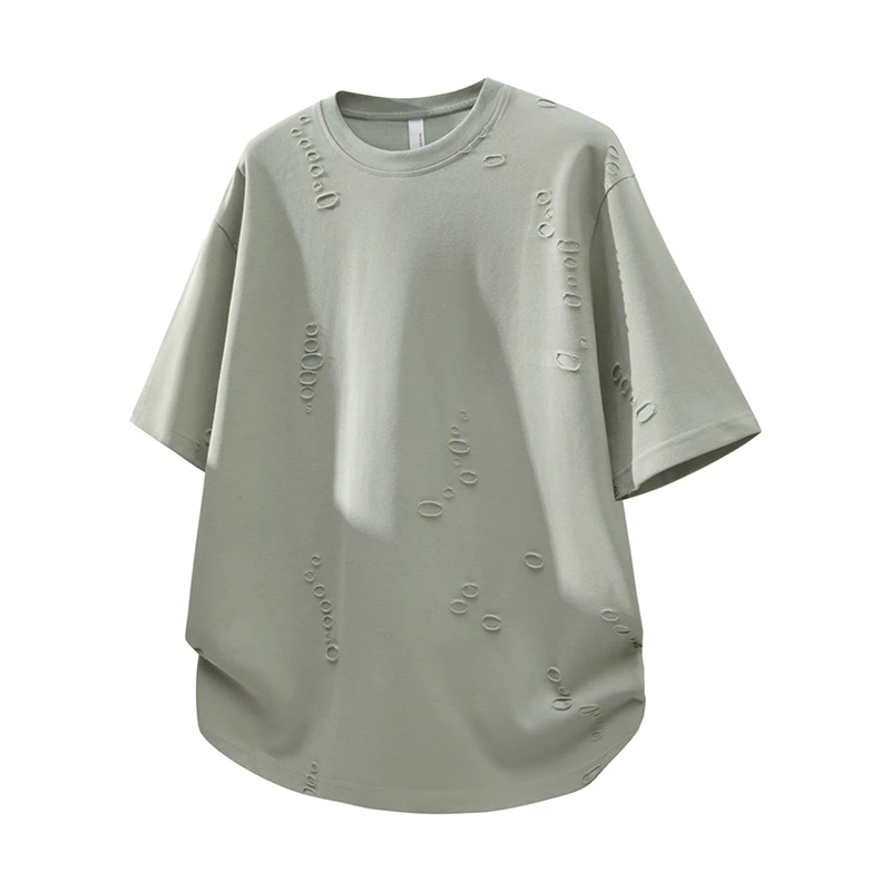 Ripped solid color casual breathable regular fit short-sleeved T-shirt, round neck, polyester-cotton blend, unisex streetwear.