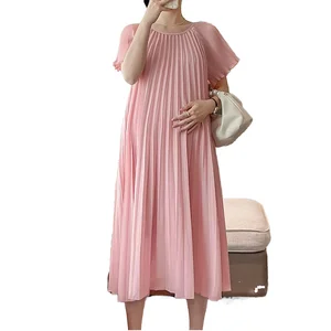 Maternity dress summer dress sweet loose three-dimensional pleats in long short-sleeved maternity dress