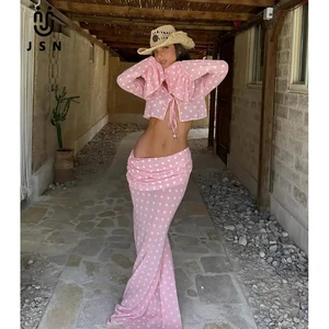 JSN 2026 Customized New Arrival Chiffon Polka Dot 4-Piece Bikini Set with Long Sleeves Cover-up Top and Slim-Fit Skirt for Women