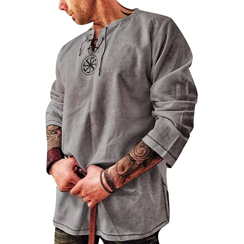 Heren katoenen vetersluiting Shirt Vintage Middeleeuws Kostuum Schotse Jacobiet Ghillie Kilt Piraten Shirts Tops, Kaki, L