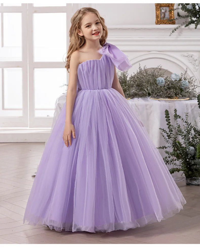 FEESHOW Girls' Flutter Sleeve Chiffon Flower Girl Dress - Lavender Long Gown For Weddings & Parties - View #8