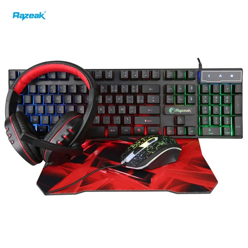 Cheapest Factory Price  4 in 1 Gaming Set Colorful LED Wired Headphone Mousepad Keyboard Mouse Gaming Combo for Computer Games