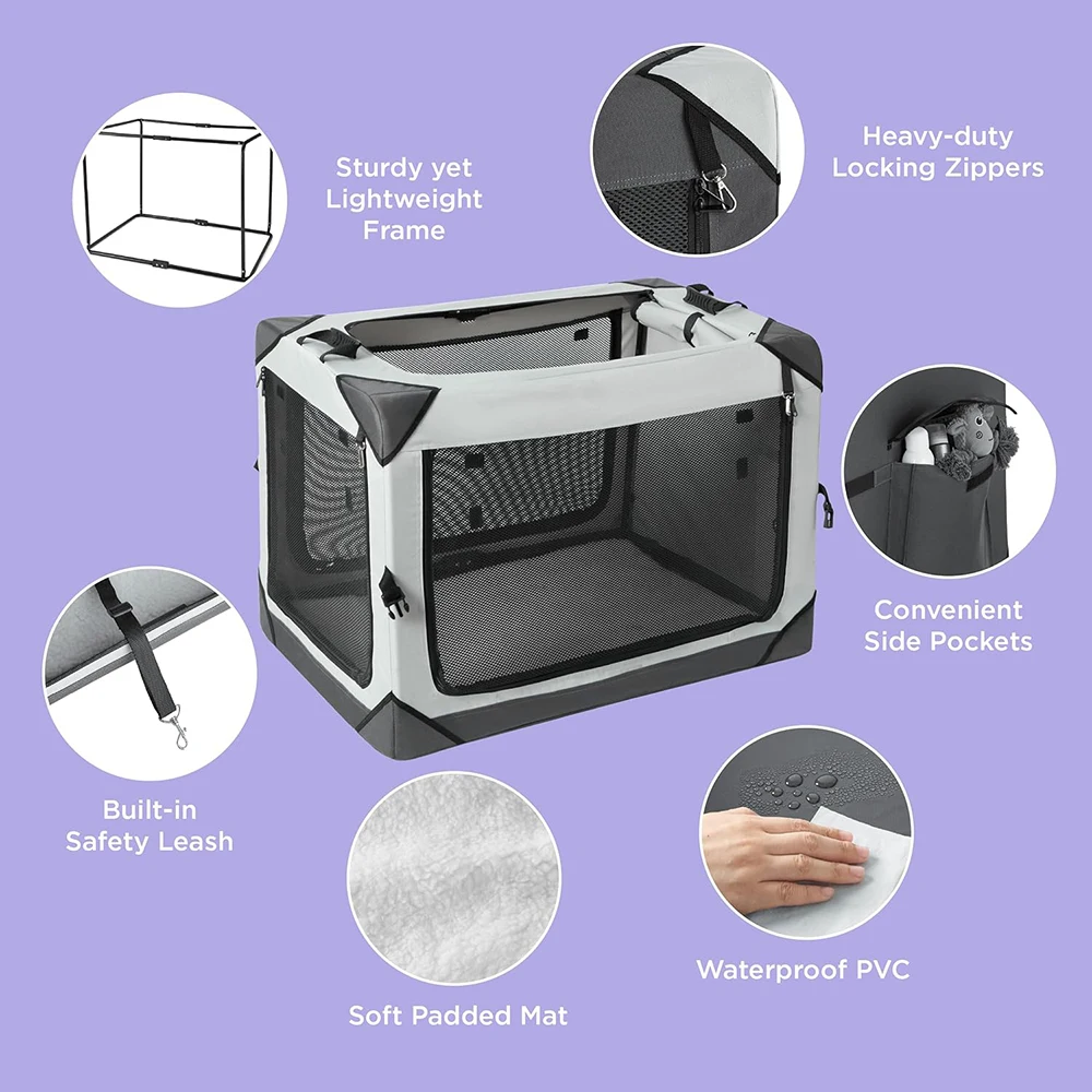 Collapsible 4-door Pet Crate With Durable Mesh Windows Portable Dog ...