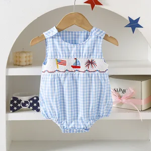 Custom Baby Clothes Shirred Smocked Baby Clothing Embroidered Fireworks Pirate Ship Baby Rompers