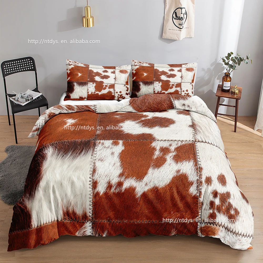 Cow Print Duvet Cover Set Queen Double Bed Brown And White Cowhide