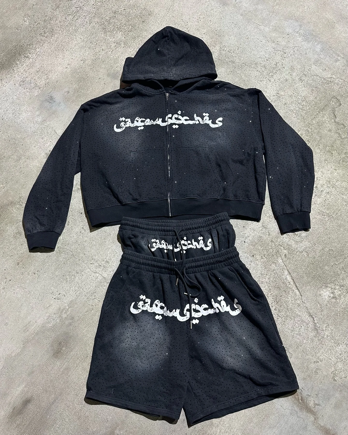 Custom Cotton Full Rhinestone Zip up Hoodie and Shorts Set Sun Faded Double Waisted Baggy Acid Wash Sweat Shorts Set for Men gallery 8