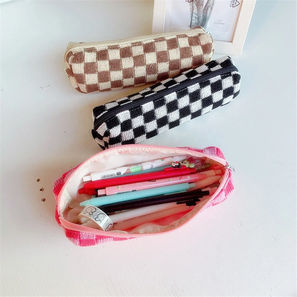 Knitted Cosmetic Bag, Knitted Pencil Case, Checker Pencil Case