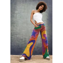 Custom Straight Colorful Women Jeans Hot Sale Hip Hop Low Rise Wide Leg Oversized Flared Denim Pants