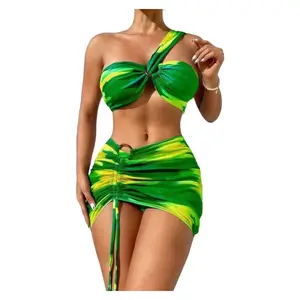 Women's Tie-Dye One Shoulder Sleeveless Bikini Set Summer Beach Swimwear Bathing Suit with Print Pattern and Skirt Bottom