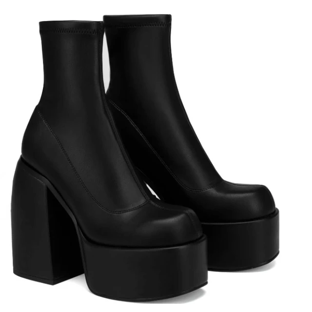 Women's Designer PU Boot Shoes with Chunky Platform Heel & Zipper Fashion Casual Block Heel Bootie for Casual