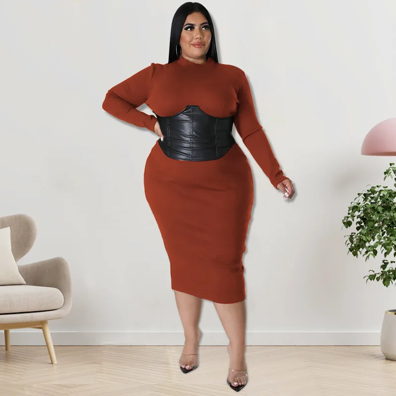 Autumn High Quality Leather Corset 5xl Plus Size Dress Women's Elegance  Long Sleeve Bodycon Dress