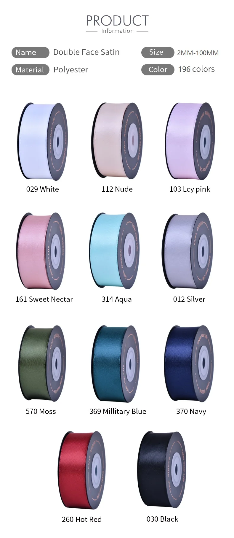 Ribest Polyester Custom Double Side Satin Ribbon 196 Colors 2100mm Logo Printed Rolls Wholesale